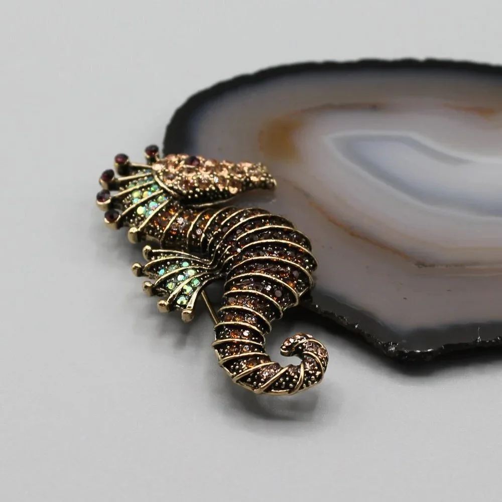 Jewelry pin brooch seahorse water animal crystals gold tone brown green new